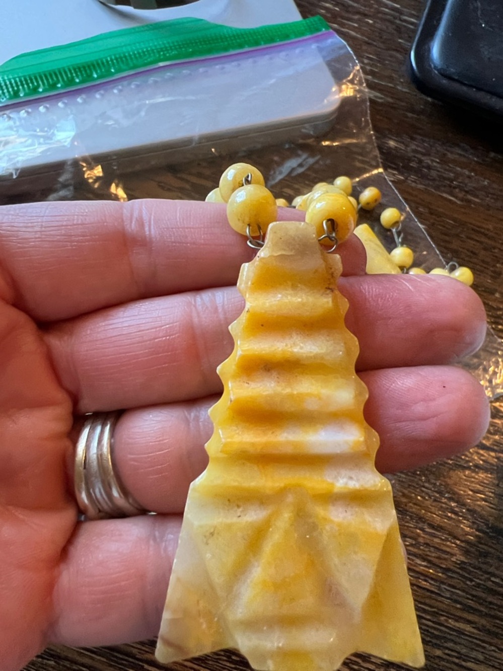 50s MCM Natural carved yellow alabaster Aztec Mayan necklace